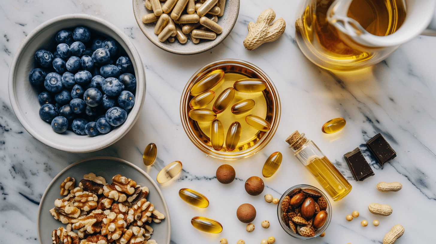 Longevity supplements and superfoods — fish oil, blueberries, walnuts, olive oil, dark chocolate